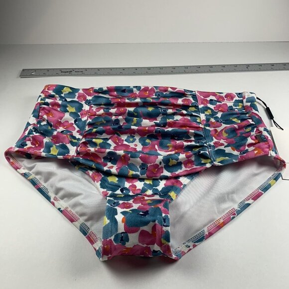Calvin Klein Bikini Bottom Women M Multicolor Floral Pleated High Waist Swimwear - Picture 1 of 6